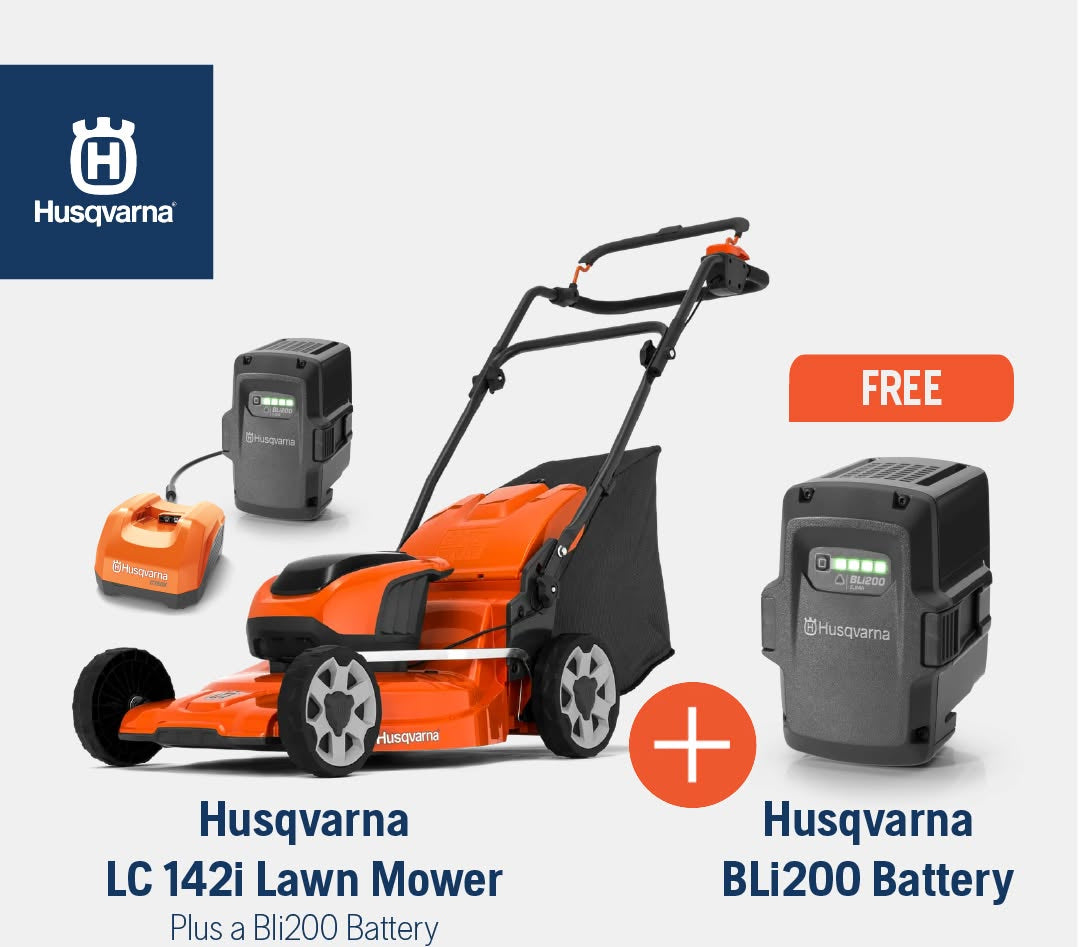 Husqvarna lawn mower with BLi200 battery and charger on a white background